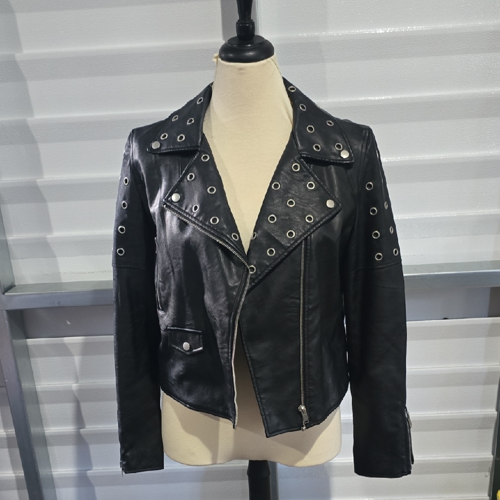 Love Tree Black Eyelet-Trim Leather Moto Jacket Size Large